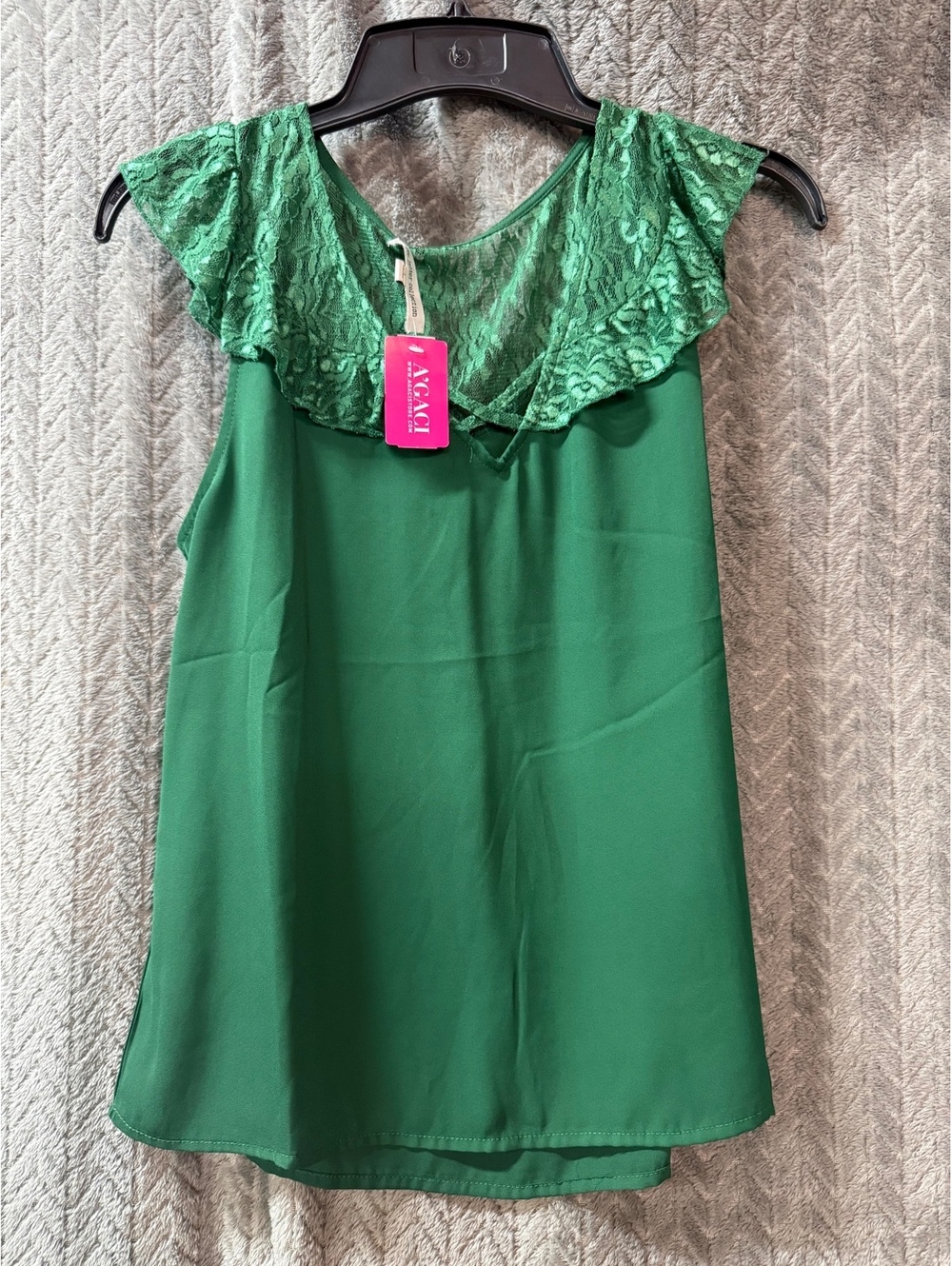 A'gaci Green Lace Trim Sleeveless Blouse Top